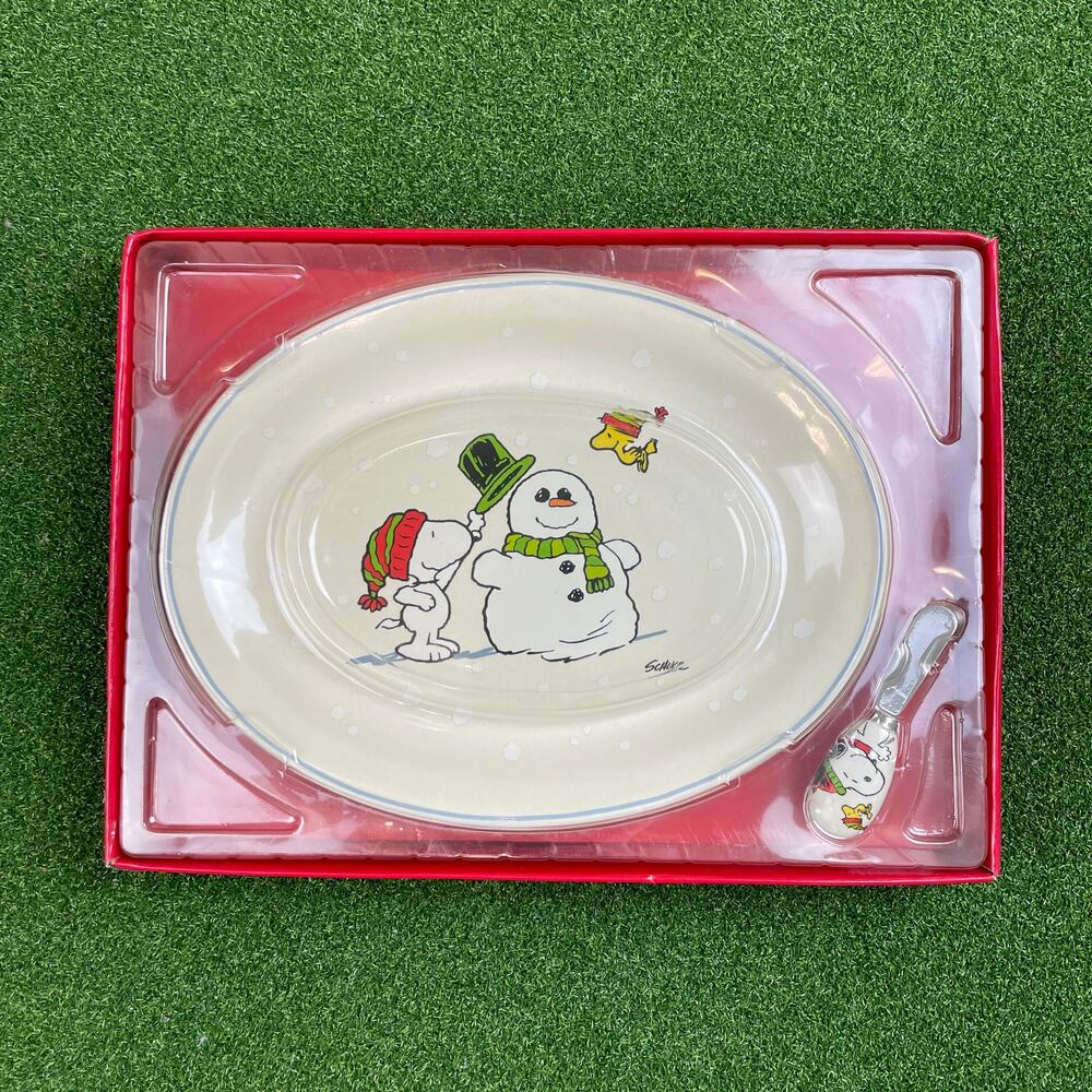 Peanuts Hallmark Snoopy and Woodstock Snowman Platter and Spreader Set